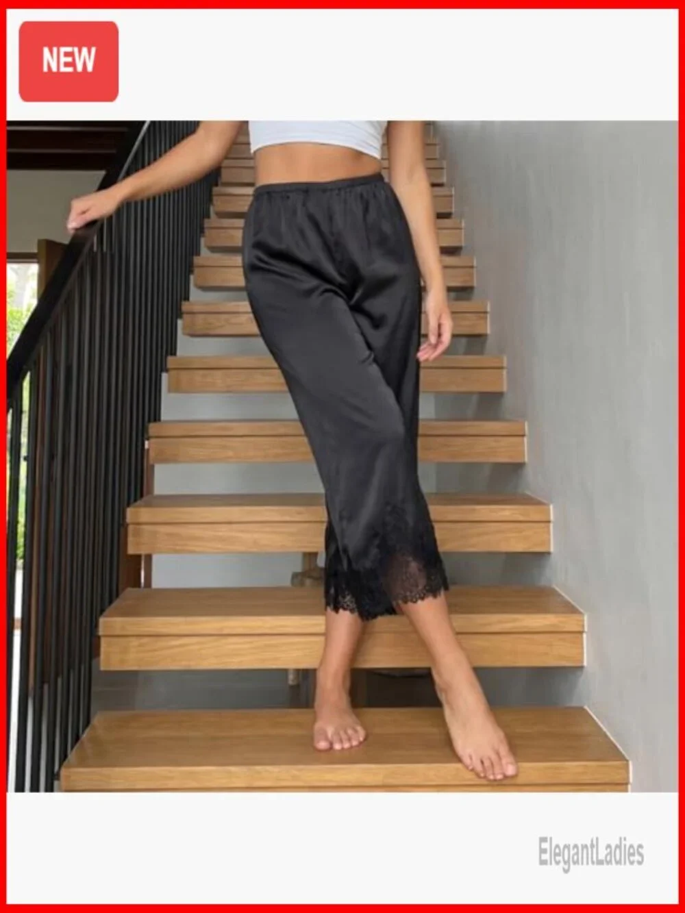 Satin Lace Trim Wide Leg Pajama Bottoms Elastic Waist Lounge Pants